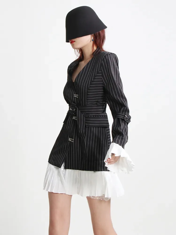 Tunic Patchwork Belt Blazers For Women Notched Collar Long Sleeve Striped Slim Temperament Blazer Female Autumn