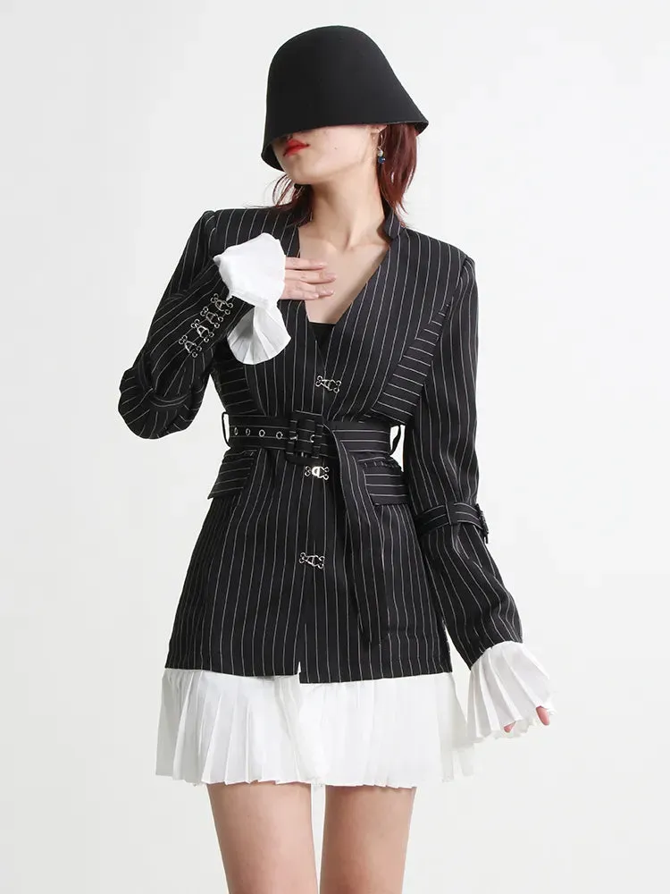 Tunic Patchwork Belt Blazers For Women Notched Collar Long Sleeve Striped Slim Temperament Blazer Female Autumn