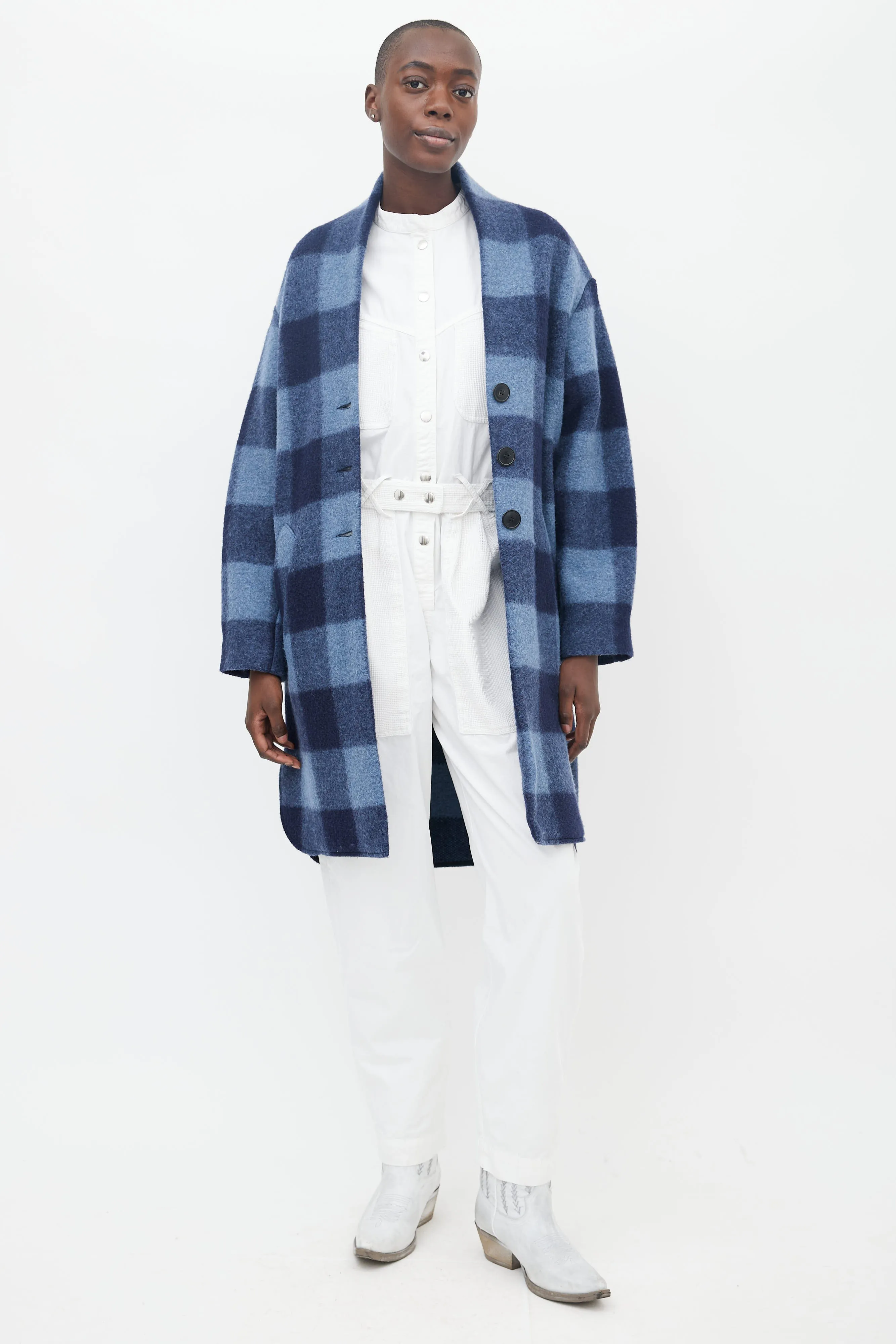 Two-Tone Blue Plaid Wool Coat