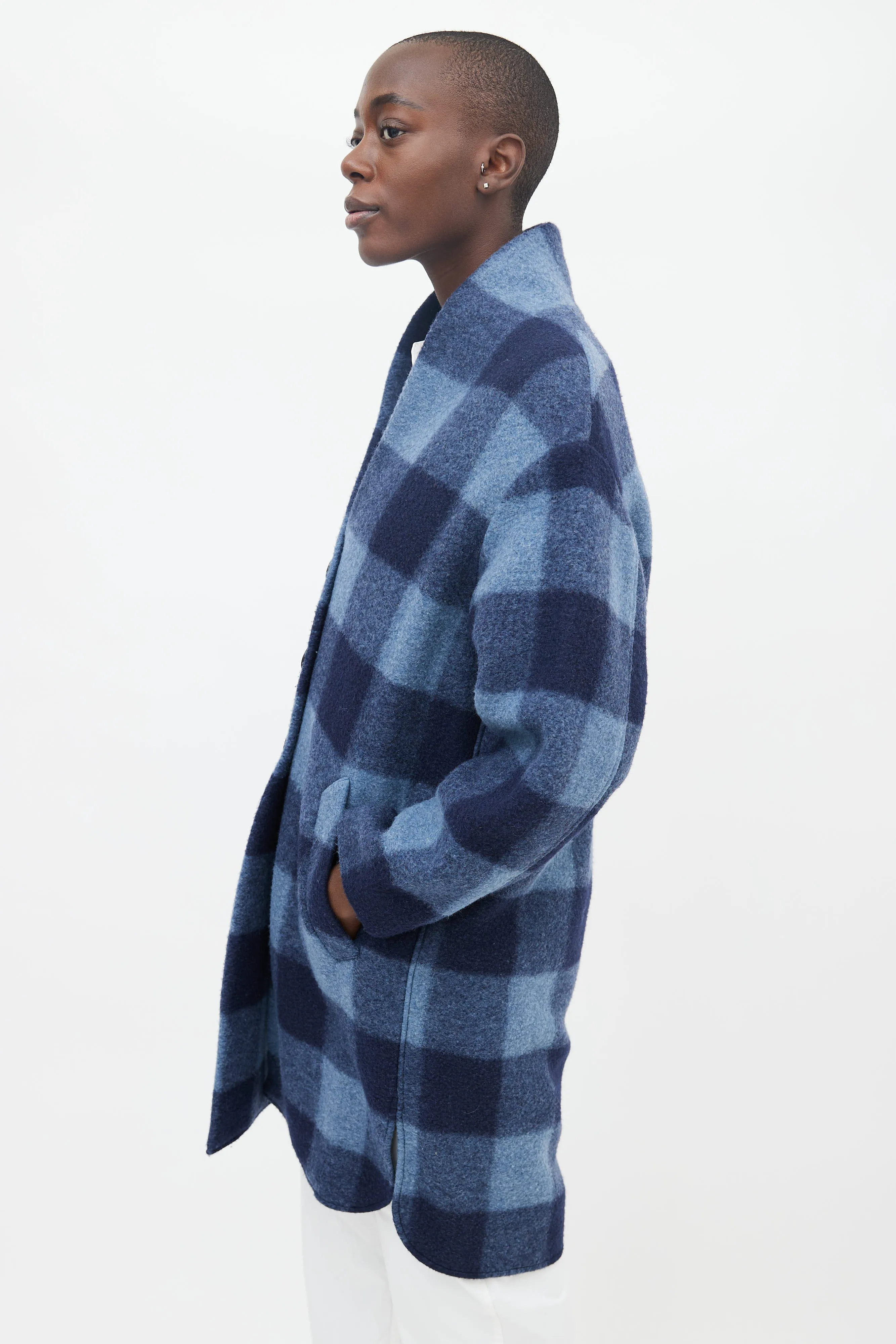 Two-Tone Blue Plaid Wool Coat