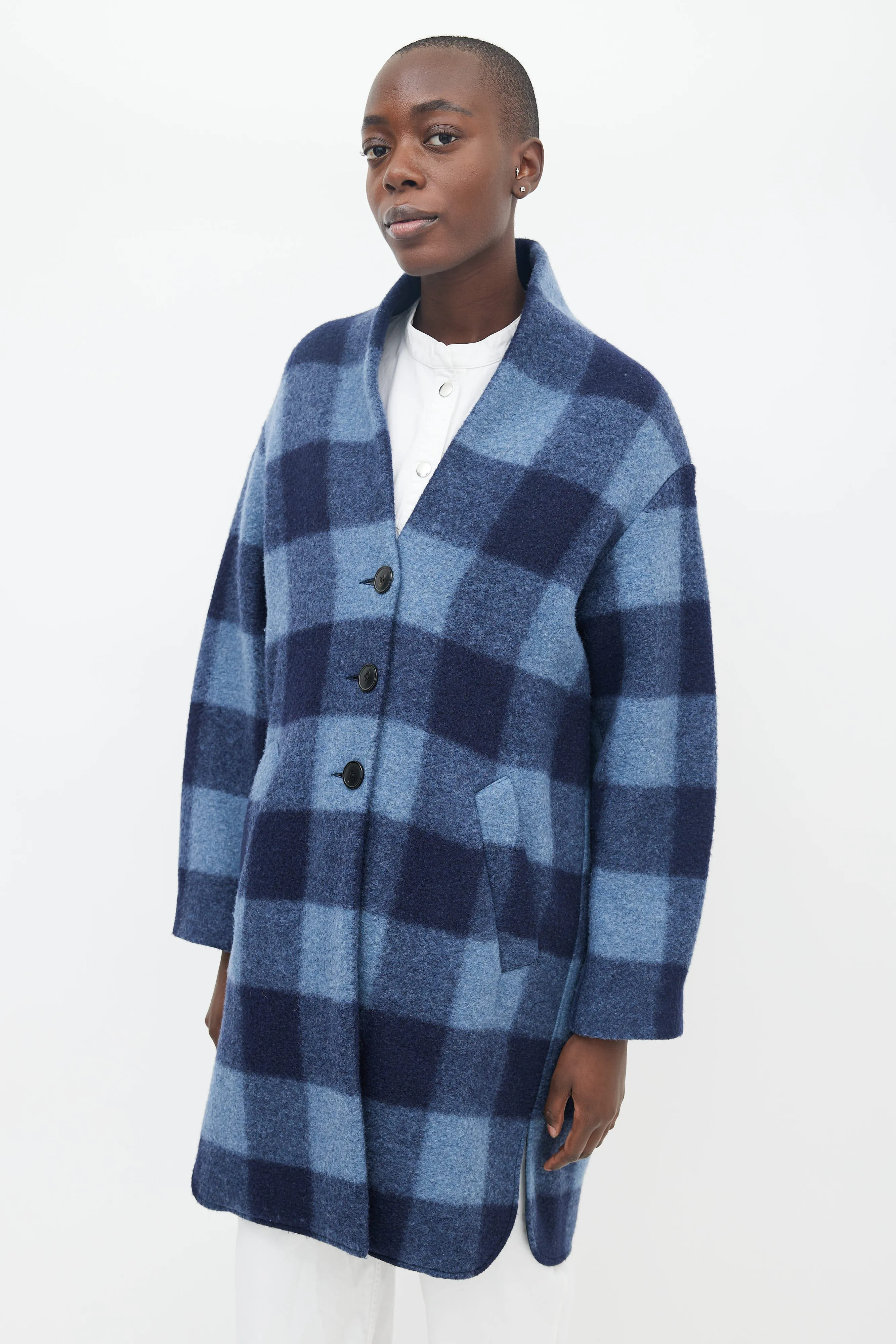 Two-Tone Blue Plaid Wool Coat