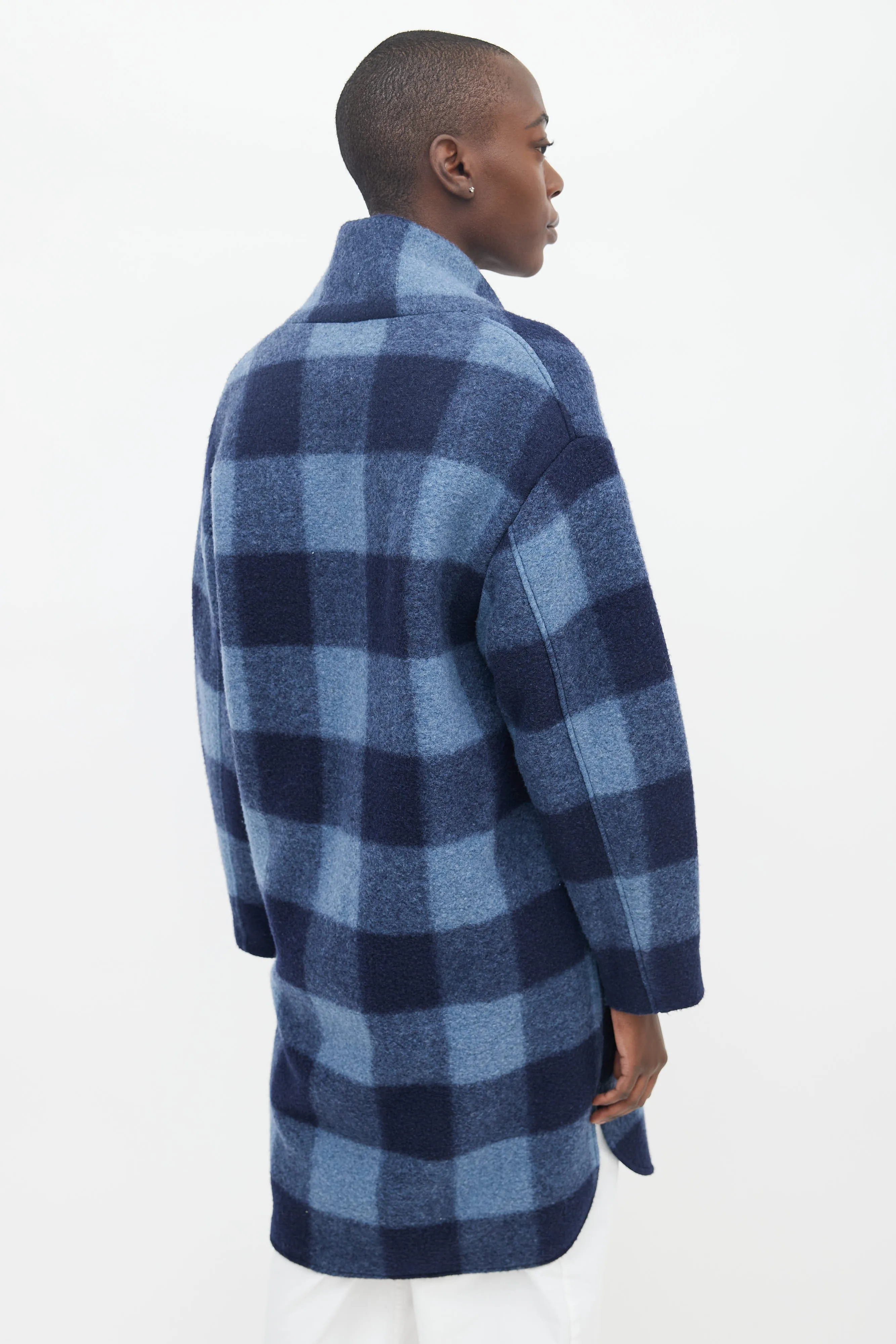 Two-Tone Blue Plaid Wool Coat