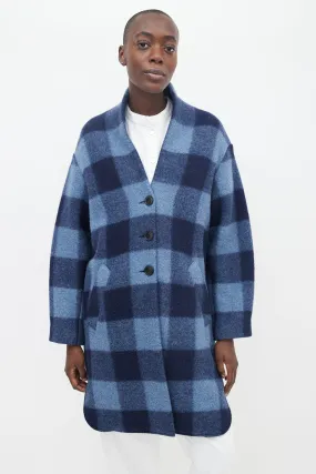 Two-Tone Blue Plaid Wool Coat