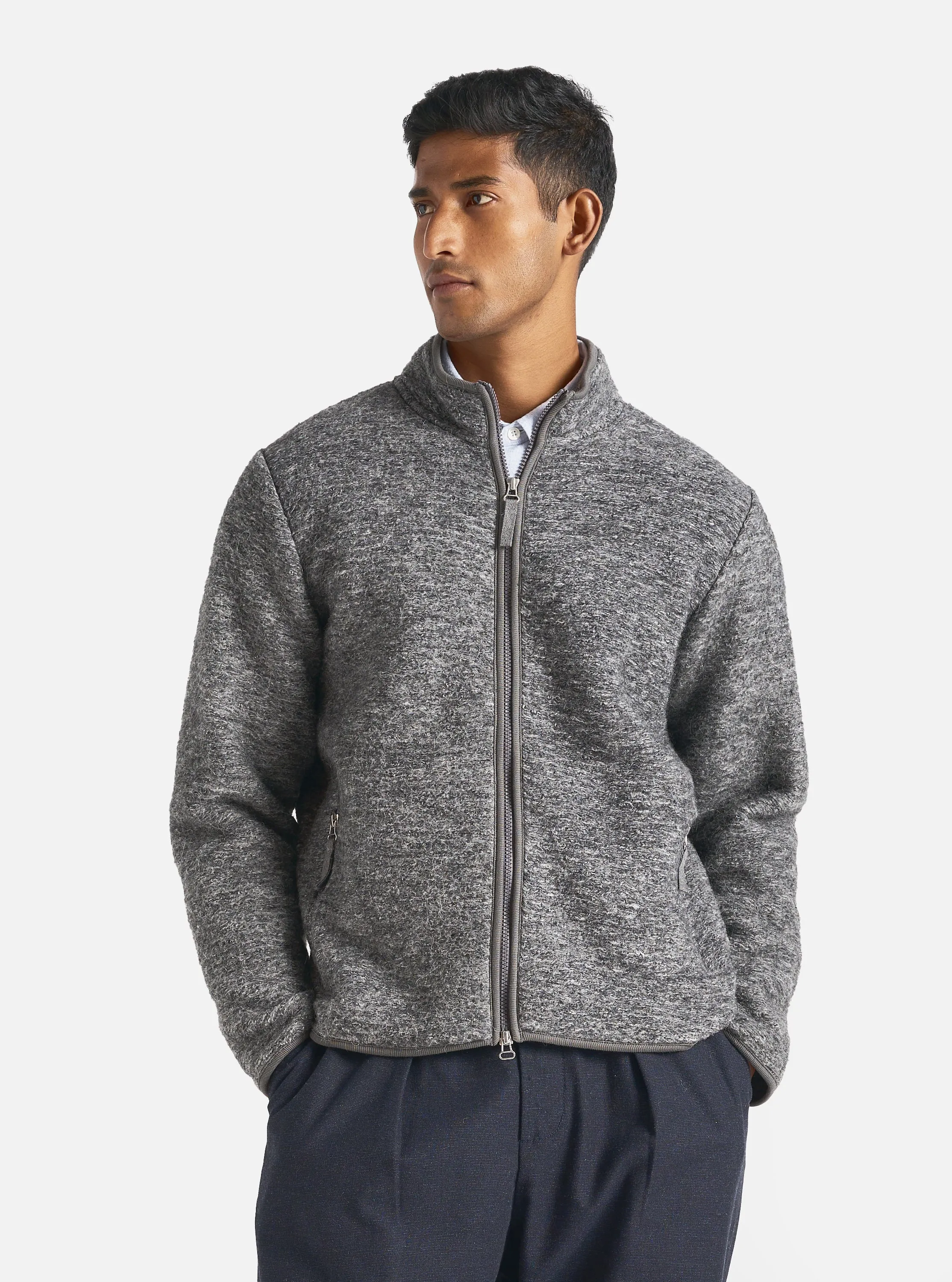 Universal Works Climbing Jacket in Grey Teddy Fleece