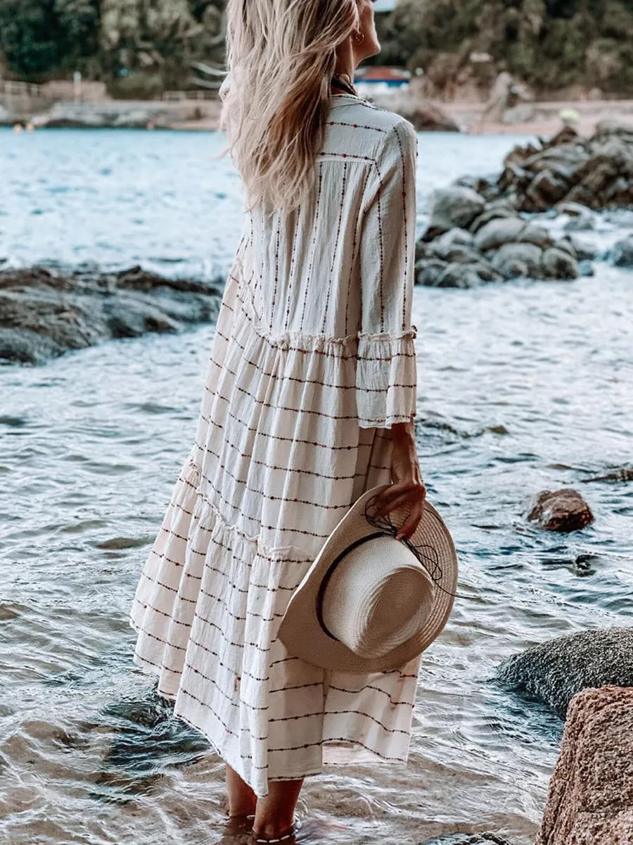 V-Neck Striped Bohemian Long Sleeve Dress