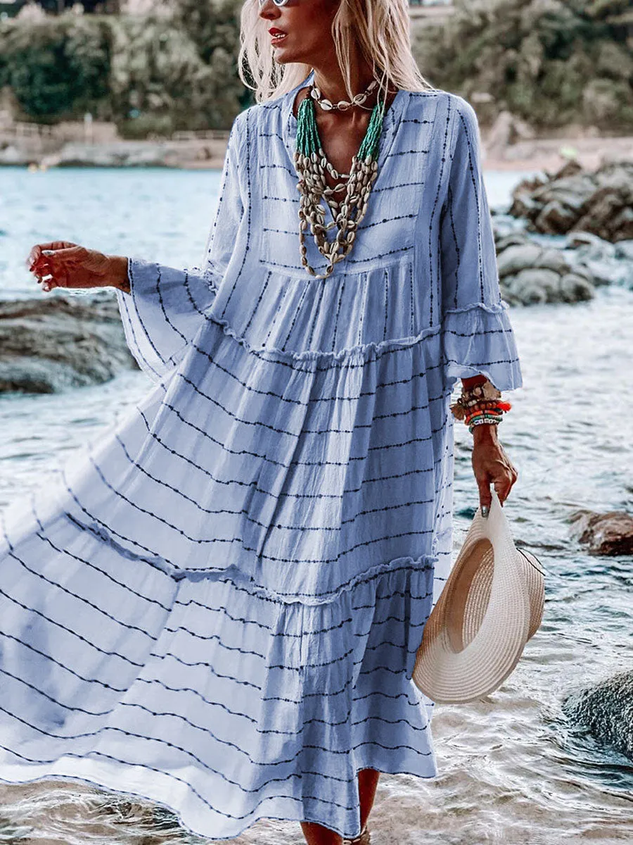 V-Neck Striped Bohemian Long Sleeve Dress