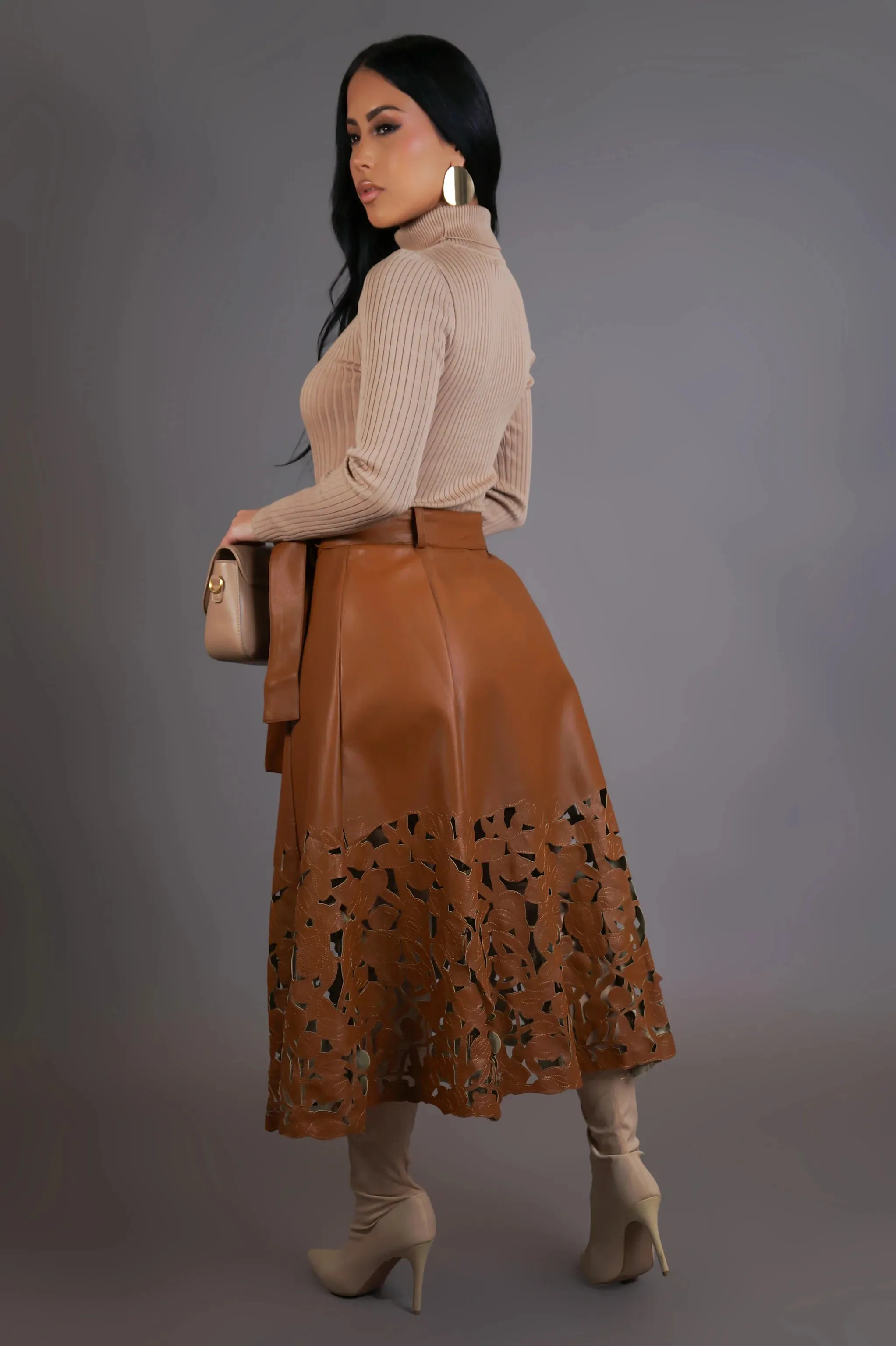 Vegan Leather Cutout Design Midi Skirt