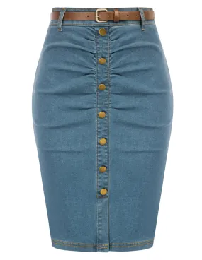 Vintage Jean Skirt with Belt High Waist Ruched Front Bodycon Skirt