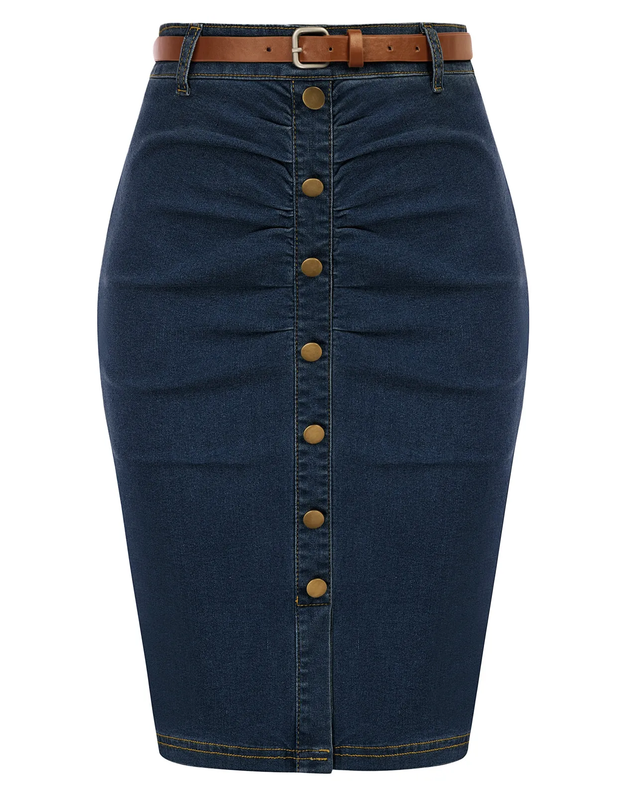 Vintage Jean Skirt with Belt High Waist Ruched Front Bodycon Skirt