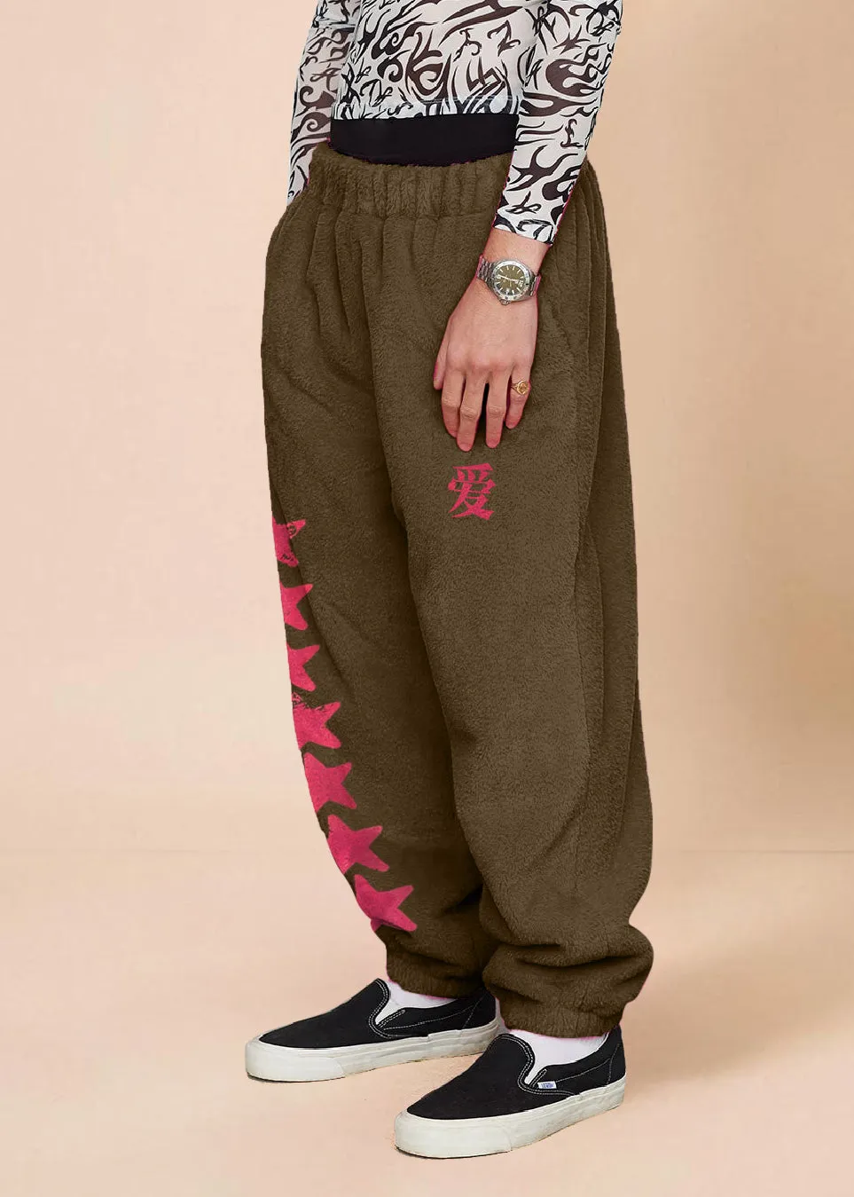 Vintage Print Fashion Plush Drawstring Trousers