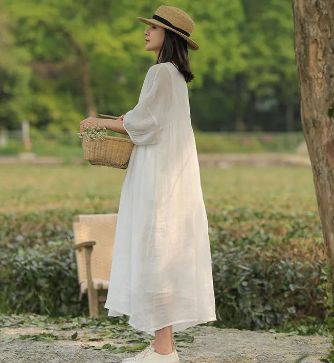 White Linen Summer Women Dresses Short Sleeve Long Loose Women Dresses 17292