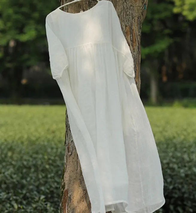 White Linen Summer Women Dresses Short Sleeve Long Loose Women Dresses 17292