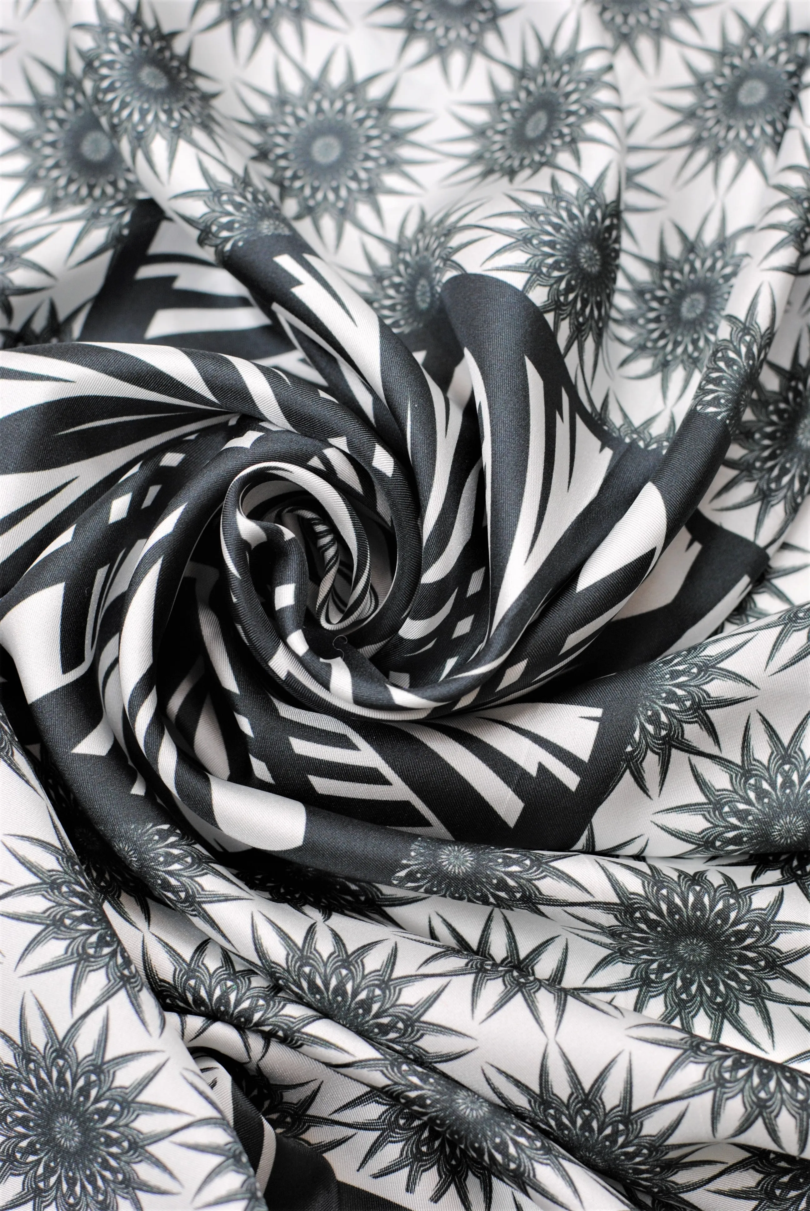 WISDOM Mandala 100% Silk Square Scarf in Black White