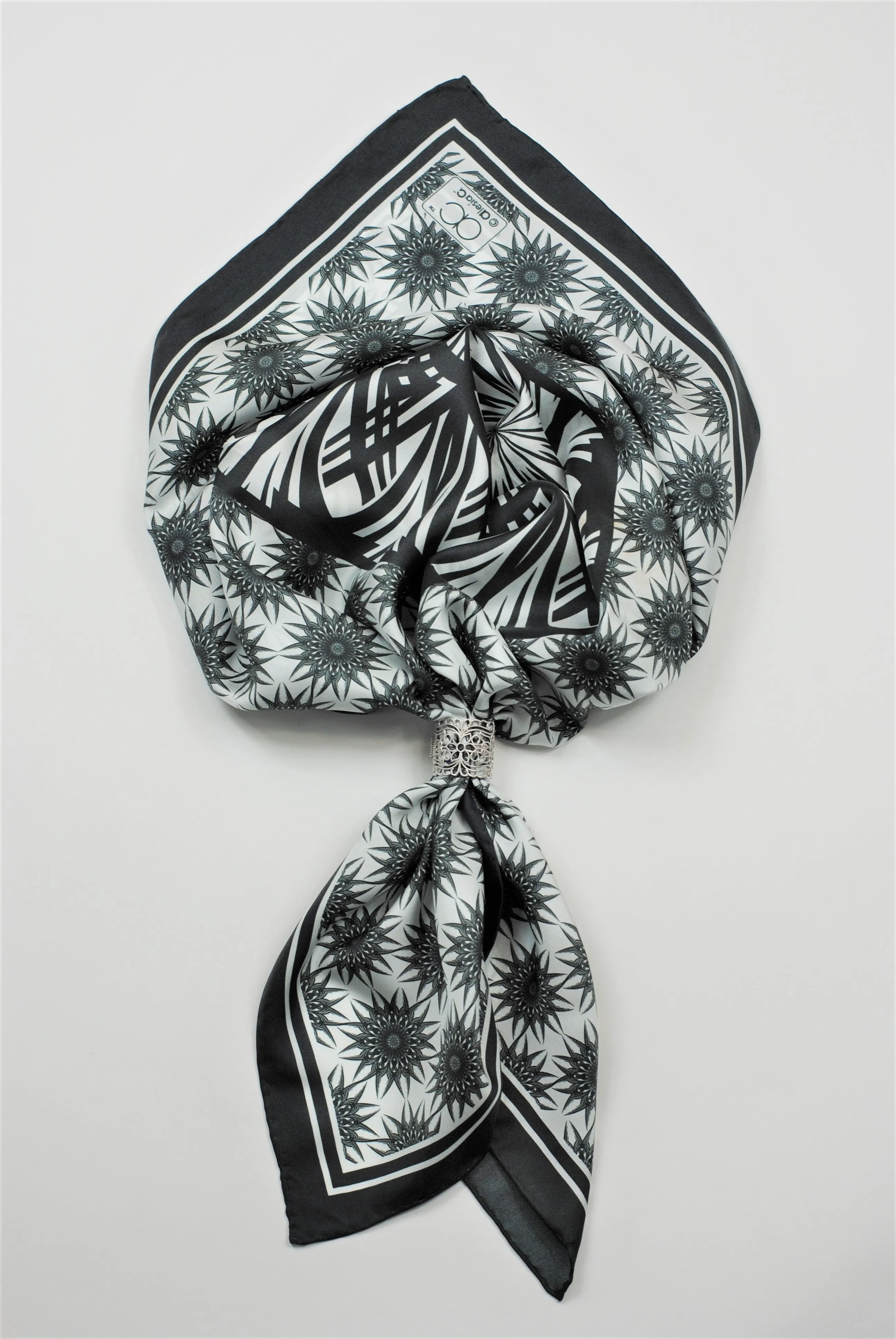 WISDOM Mandala 100% Silk Square Scarf in Black White