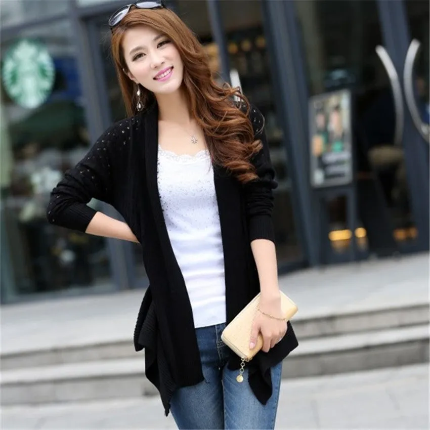 Women Long Cardigans 2016 New Autumn Hollow Out Loose Knitting Sweater Female Irregular Knitted Coat Gilet Femme Manche Longue