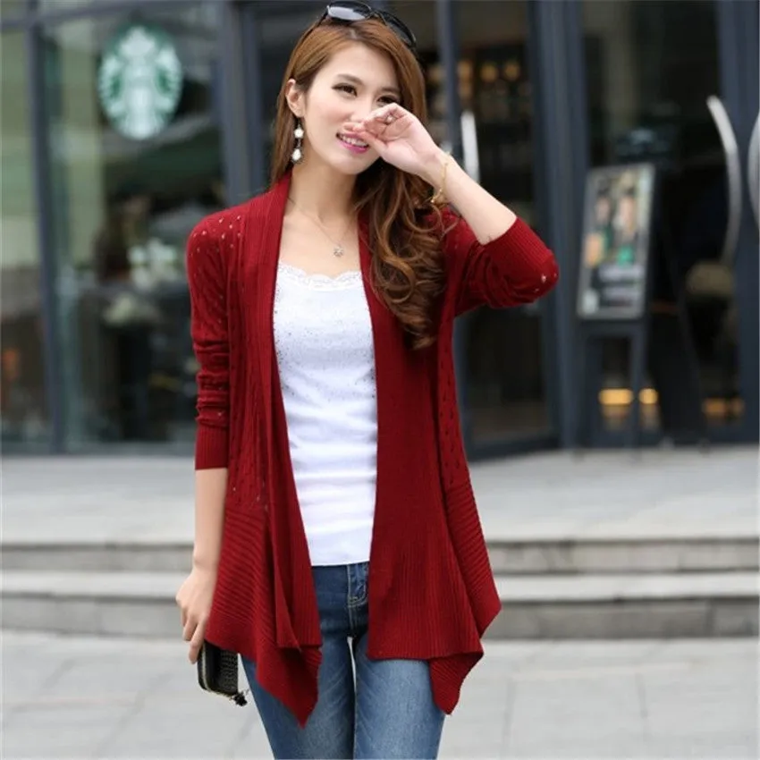 Women Long Cardigans 2016 New Autumn Hollow Out Loose Knitting Sweater Female Irregular Knitted Coat Gilet Femme Manche Longue