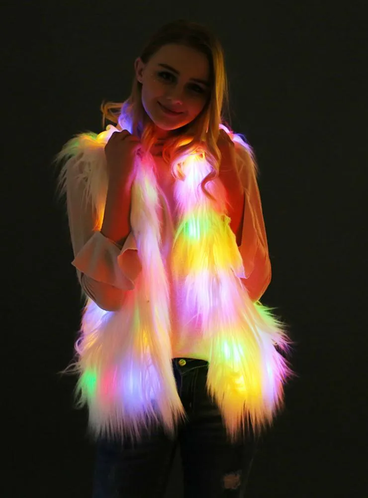 Women Long Hair Faux Fur Coat Belt Led Lamp Hooded Vest