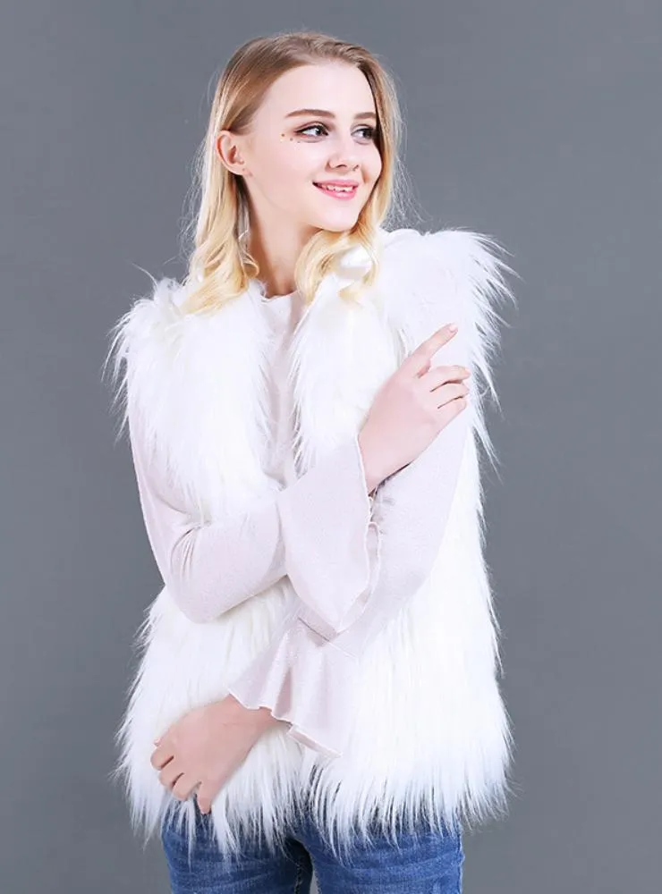 Women Long Hair Faux Fur Coat Belt Led Lamp Hooded Vest