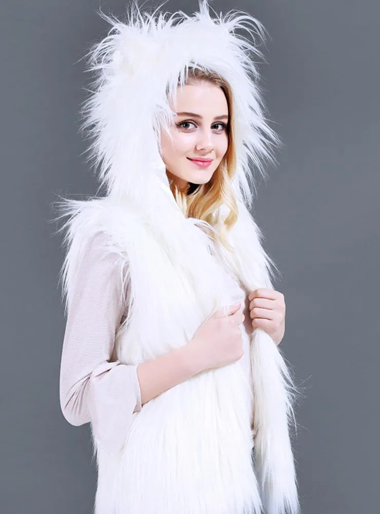 Women Long Hair Faux Fur Coat Belt Led Lamp Hooded Vest