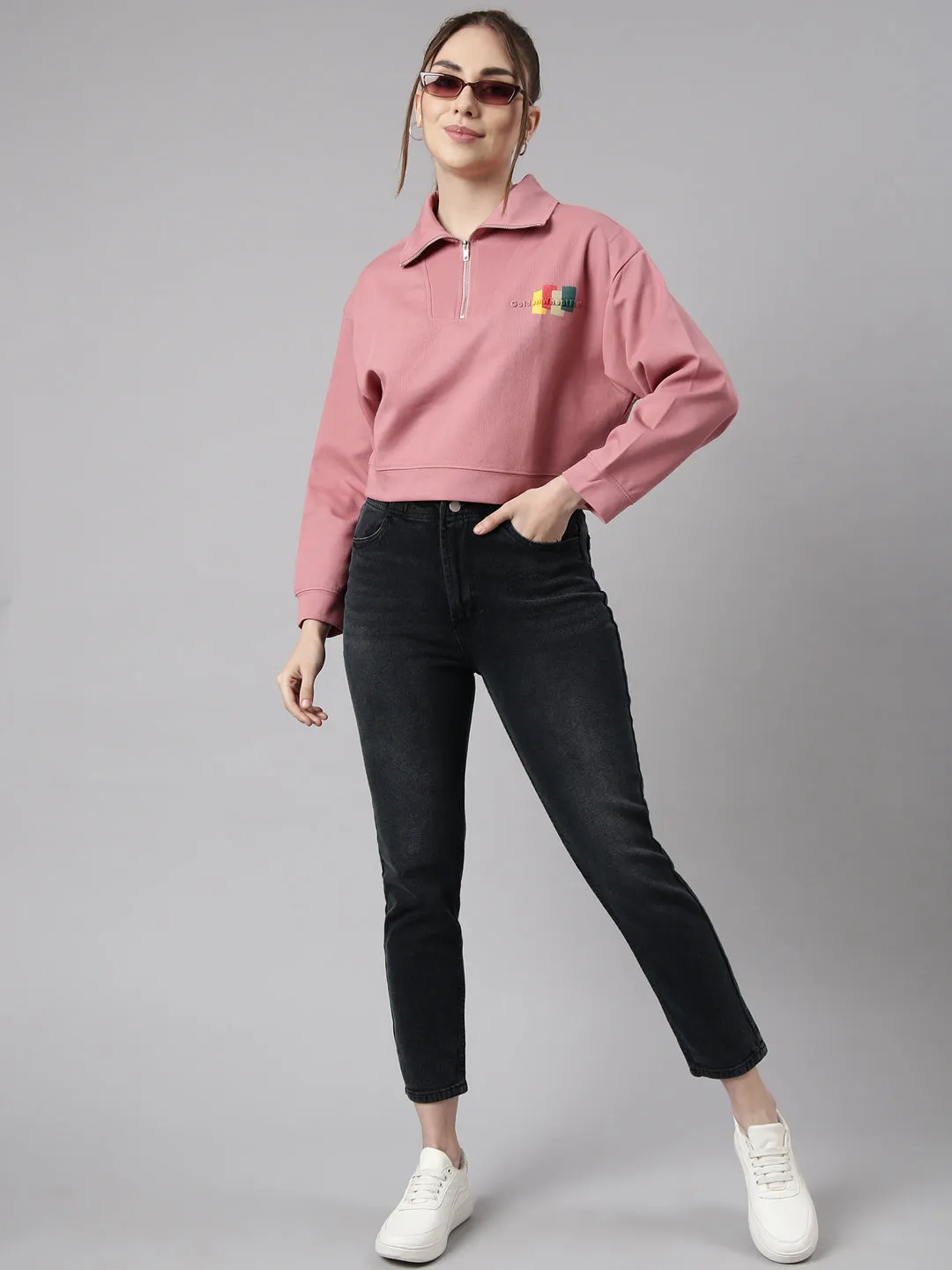 Women Peach Solid Front-Open Oversized Crop Sweatshirt