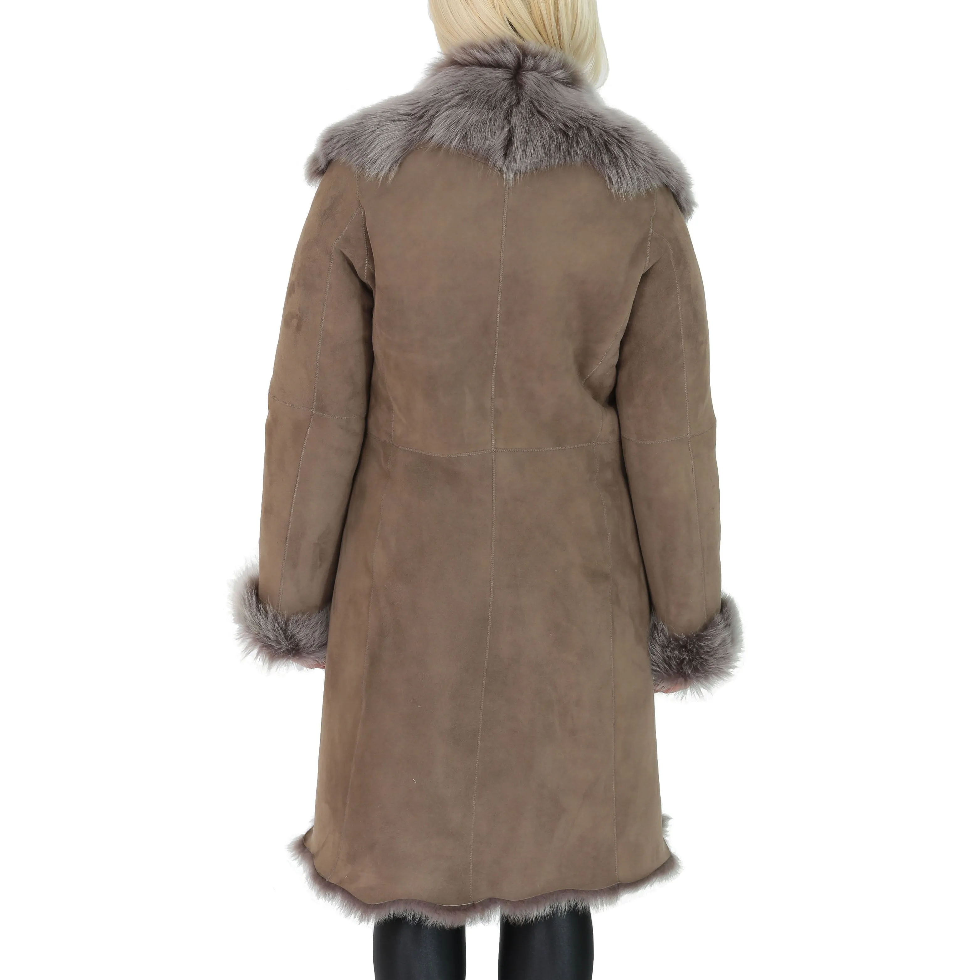 Womens 3/4 Length Toscana Shearling Luxury Coat Taupe Brissa