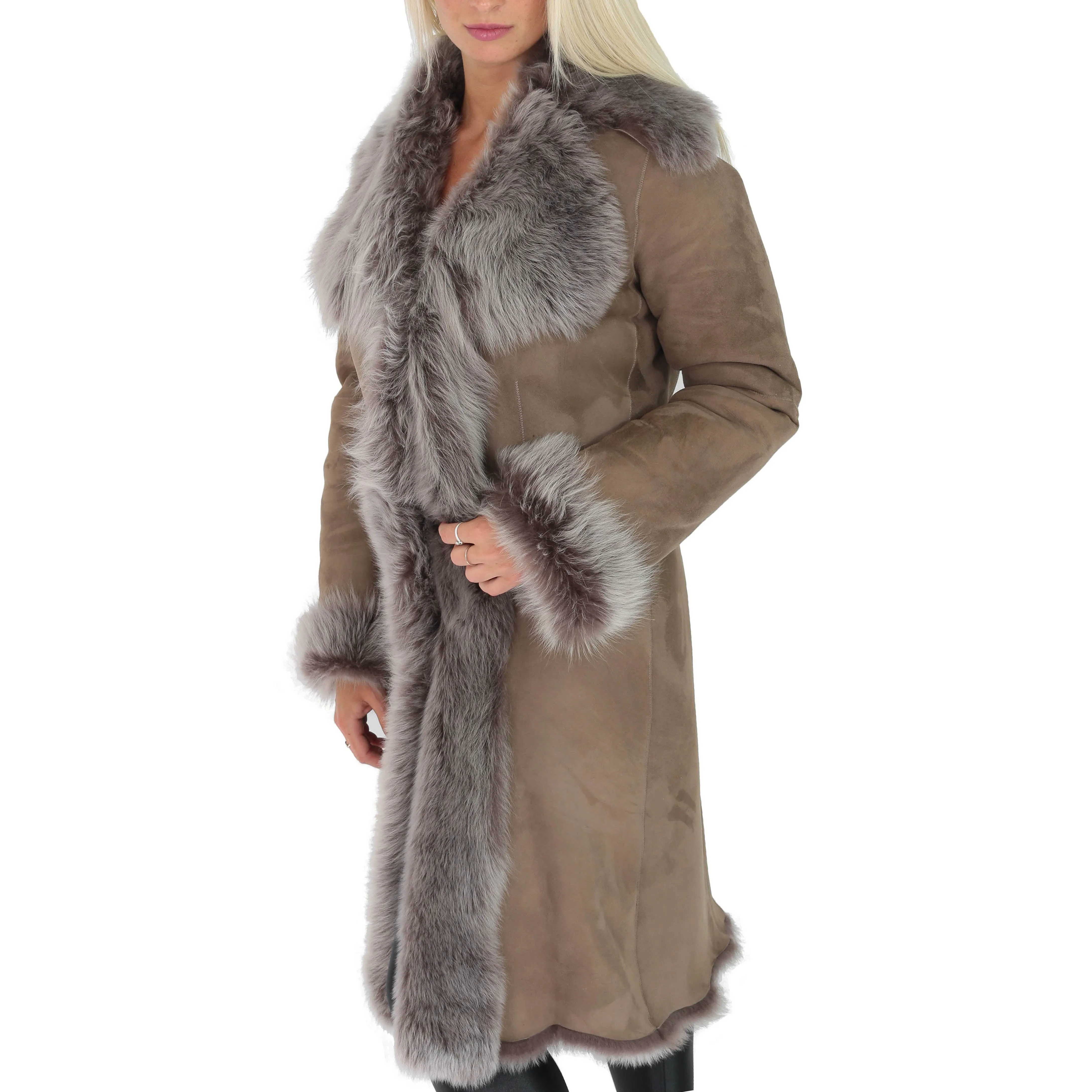 Womens 3/4 Length Toscana Shearling Luxury Coat Taupe Brissa