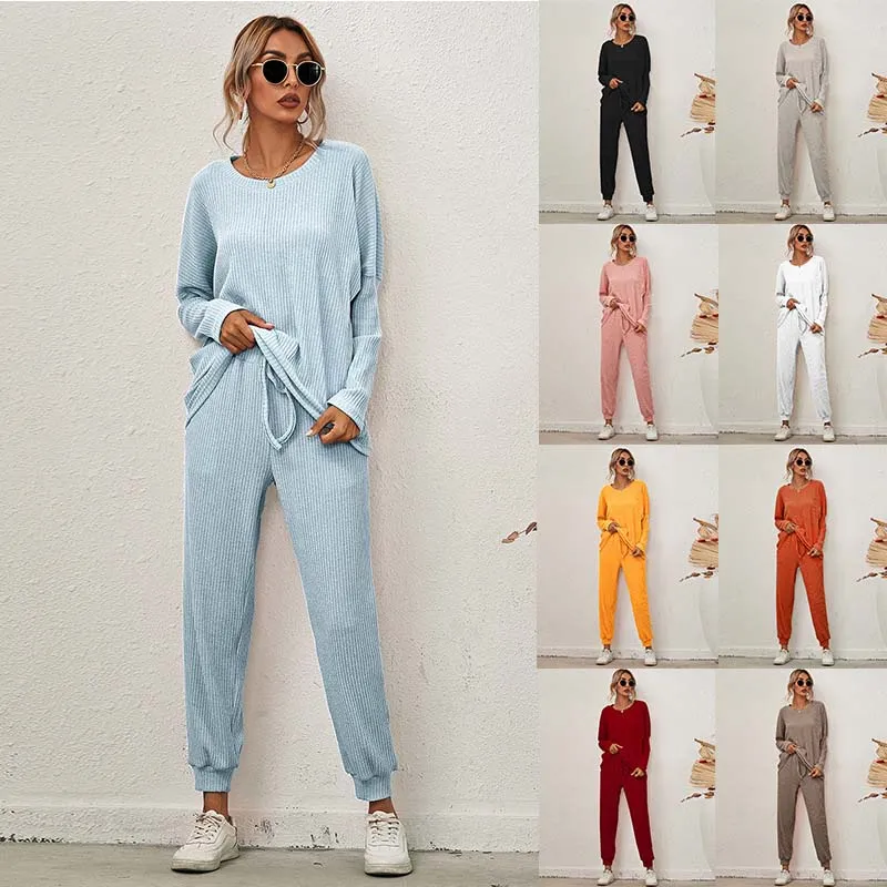 Women's Home Pajamas Set Long Sleeve Round Collar Tops   Trousers Two Piece Sets Ladies Casual Suits