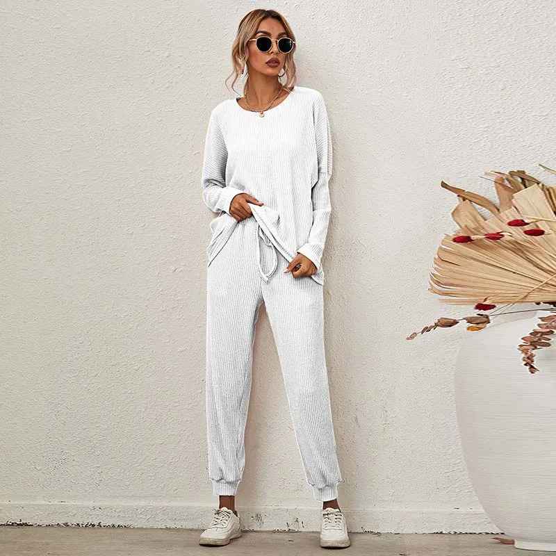 Women's Home Pajamas Set Long Sleeve Round Collar Tops   Trousers Two Piece Sets Ladies Casual Suits