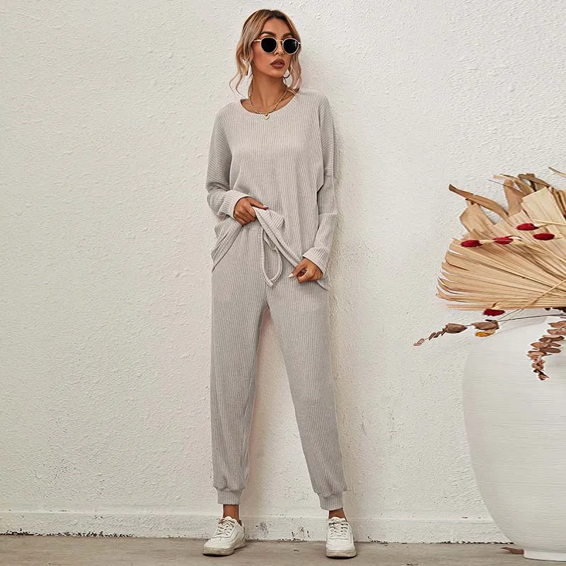 Women's Home Pajamas Set Long Sleeve Round Collar Tops   Trousers Two Piece Sets Ladies Casual Suits