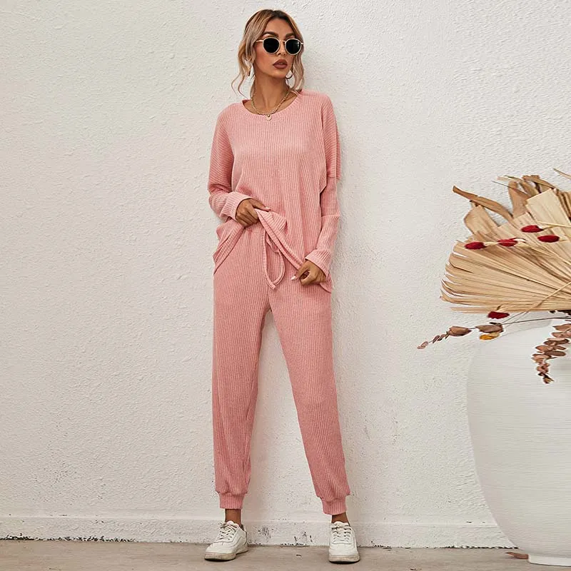 Women's Home Pajamas Set Long Sleeve Round Collar Tops   Trousers Two Piece Sets Ladies Casual Suits