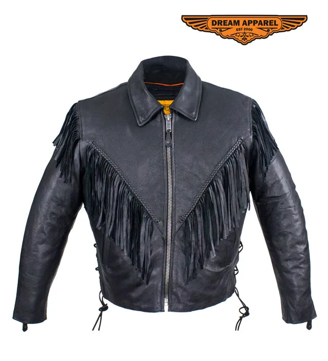 Womens Leather Motorcycle Jacket With Braid & Fringe