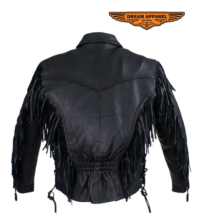 Womens Leather Motorcycle Jacket With Braid & Fringe