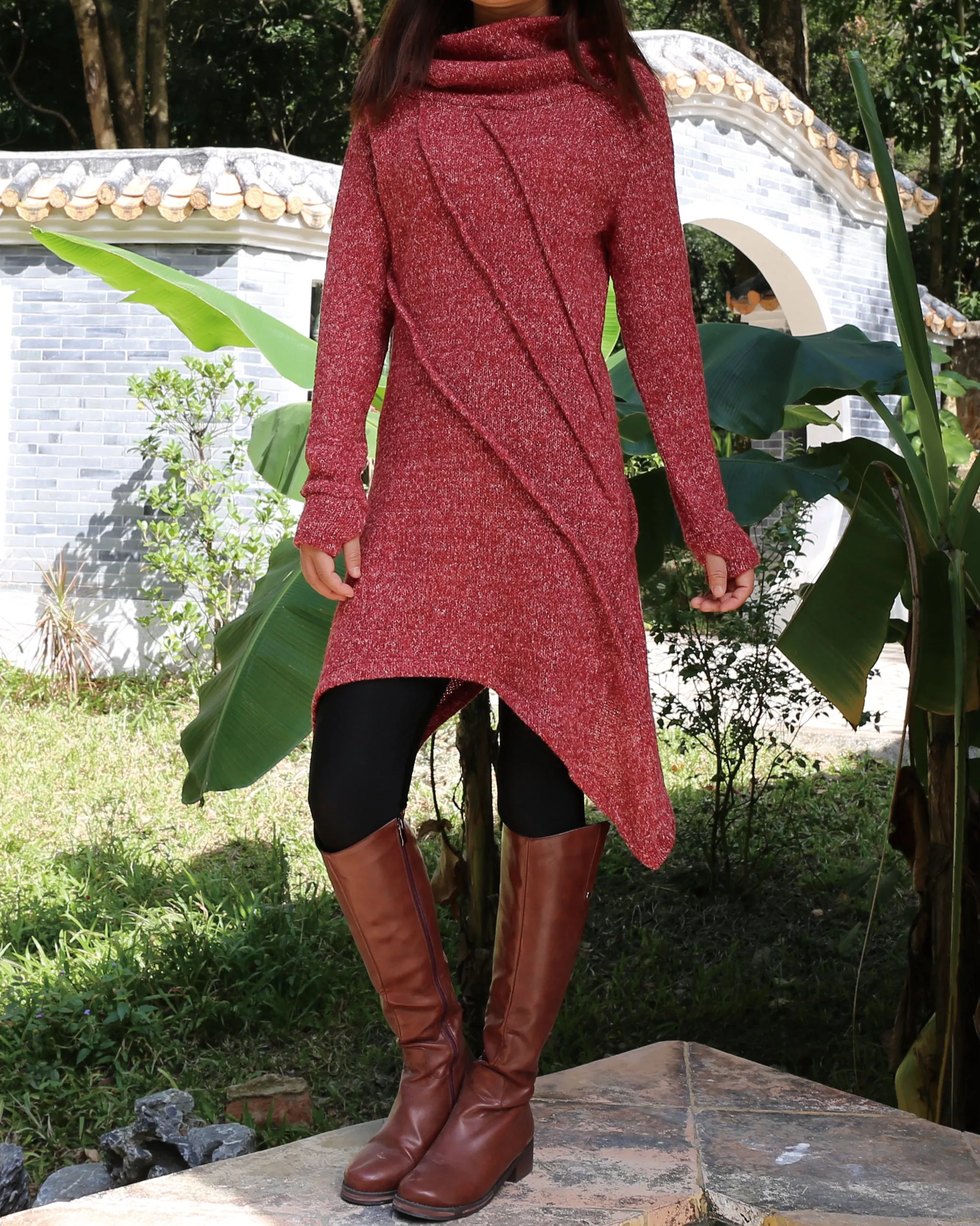 women's long sweater/sweater dress/wool tunic dress/off shoulder sweater/long sleeve top with thumbholes/knit tunic top for leggings(Q5115H)