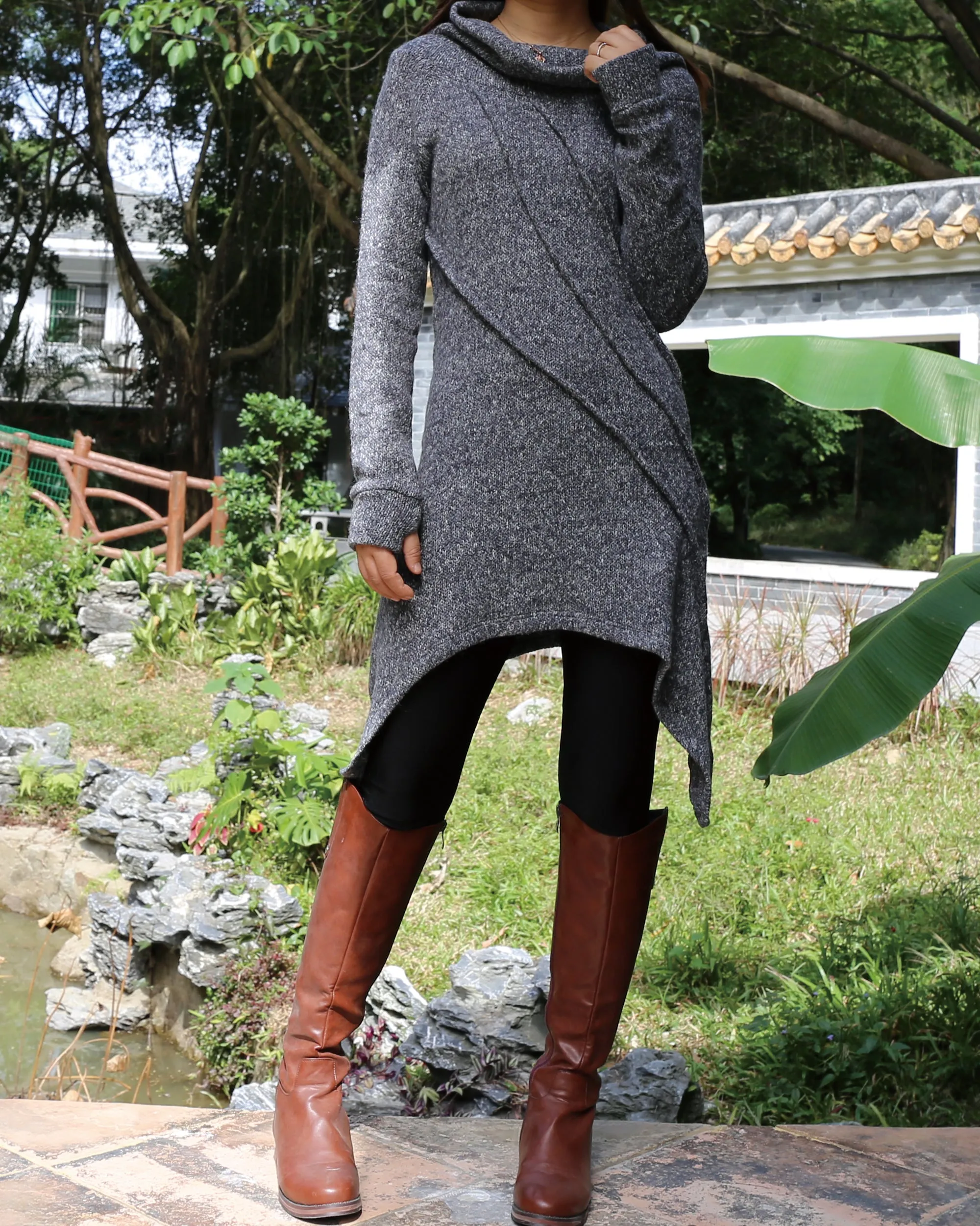 women's long sweater/sweater dress/wool tunic dress/off shoulder sweater/long sleeve top with thumbholes/knit tunic top for leggings(Q5115H)