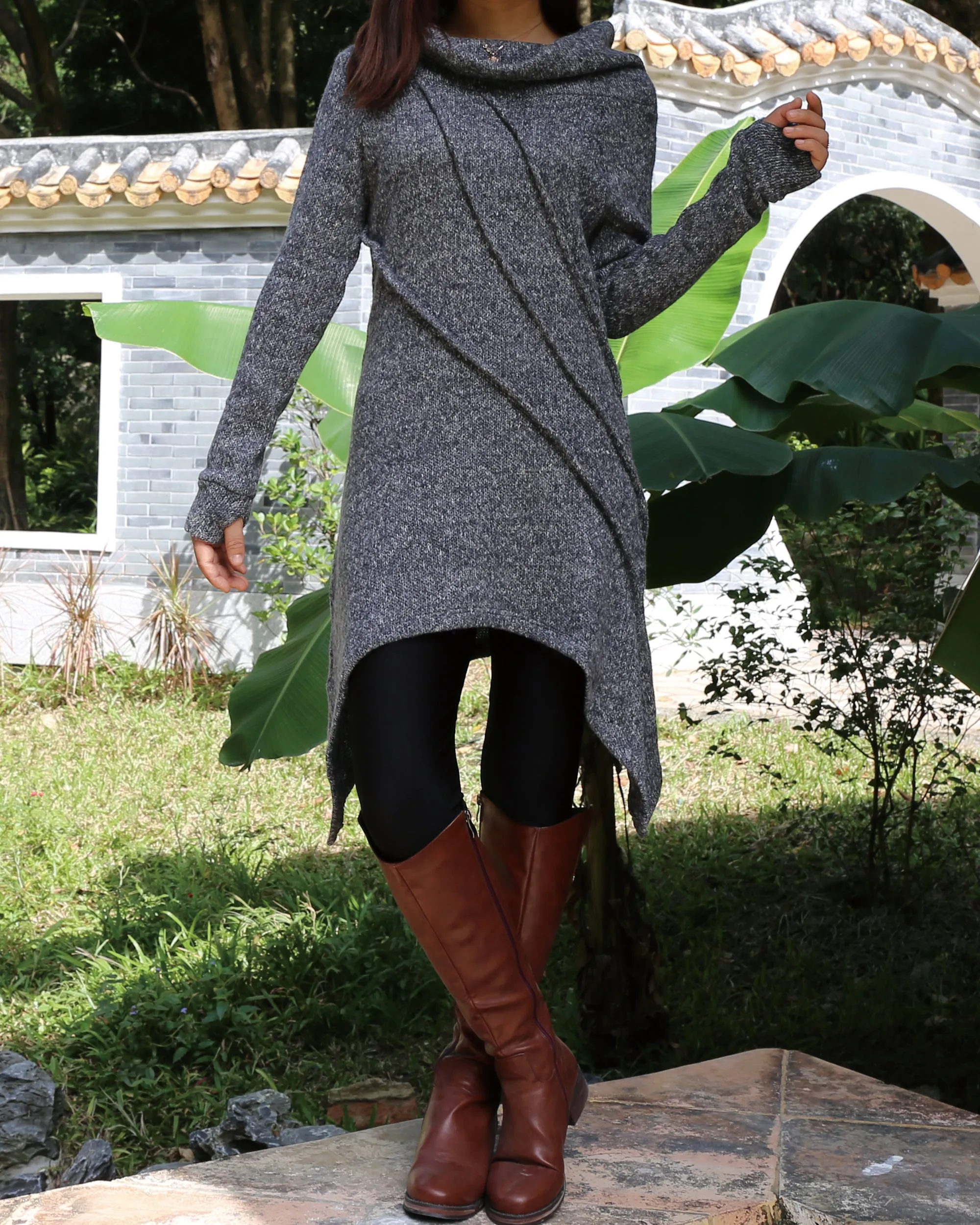 women's long sweater/sweater dress/wool tunic dress/off shoulder sweater/long sleeve top with thumbholes/knit tunic top for leggings(Q5115H)