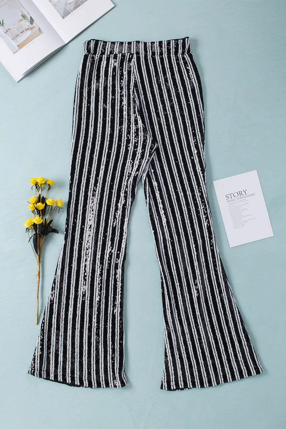 Women's Sequin Stripe High Waist Flare Pants