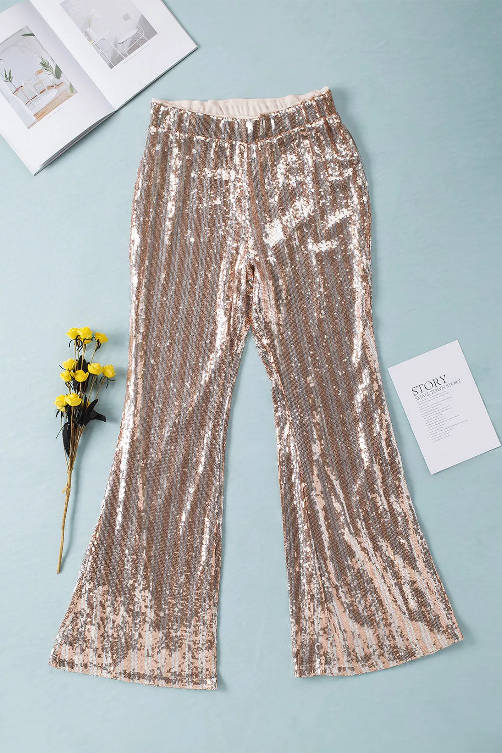 Women's Sequin Stripe High Waist Flare Pants