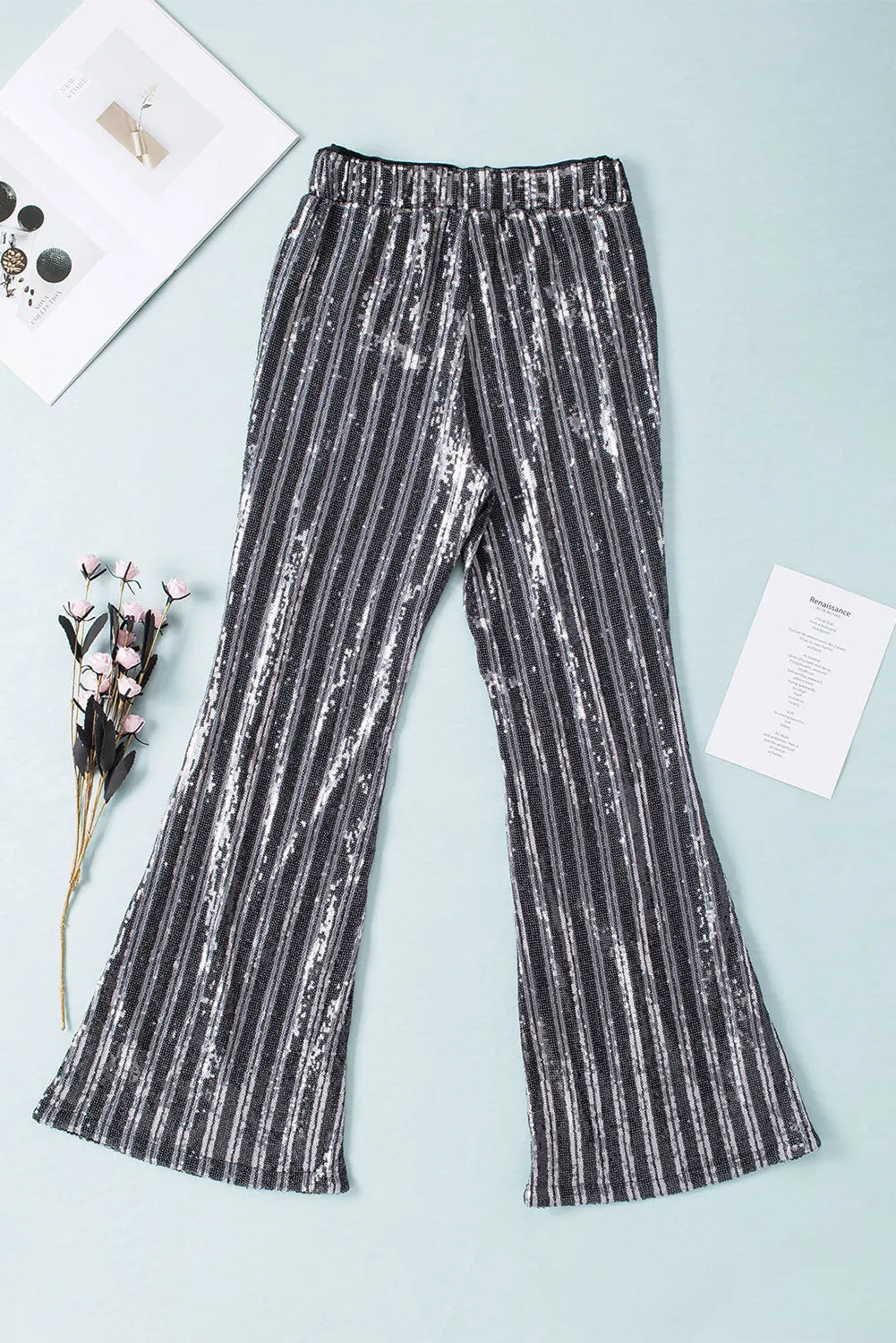 Women's Sequin Stripe High Waist Flare Pants