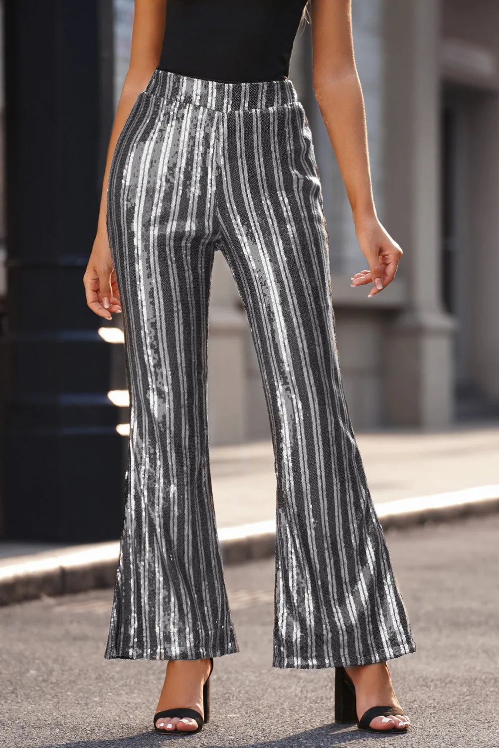 Women's Sequin Stripe High Waist Flare Pants