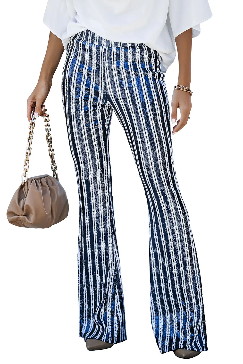 Women's Sequin Stripe High Waist Flare Pants