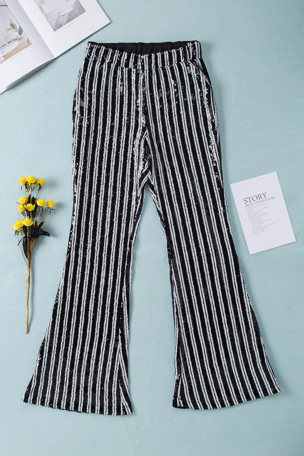 Women's Sequin Stripe High Waist Flare Pants