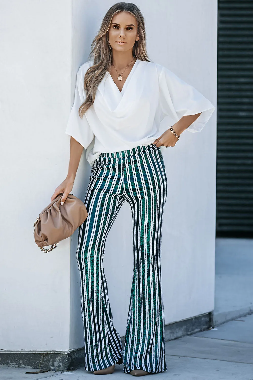 Women's Sequin Stripe High Waist Flare Pants