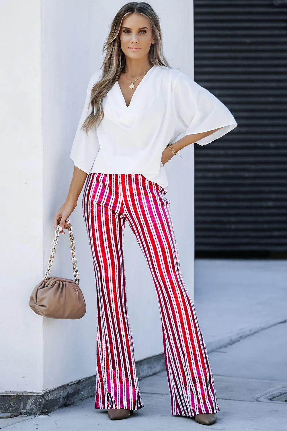 Women's Sequin Stripe High Waist Flare Pants