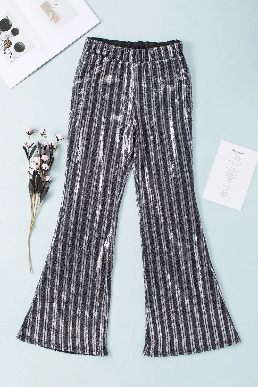 Women's Sequin Stripe High Waist Flare Pants