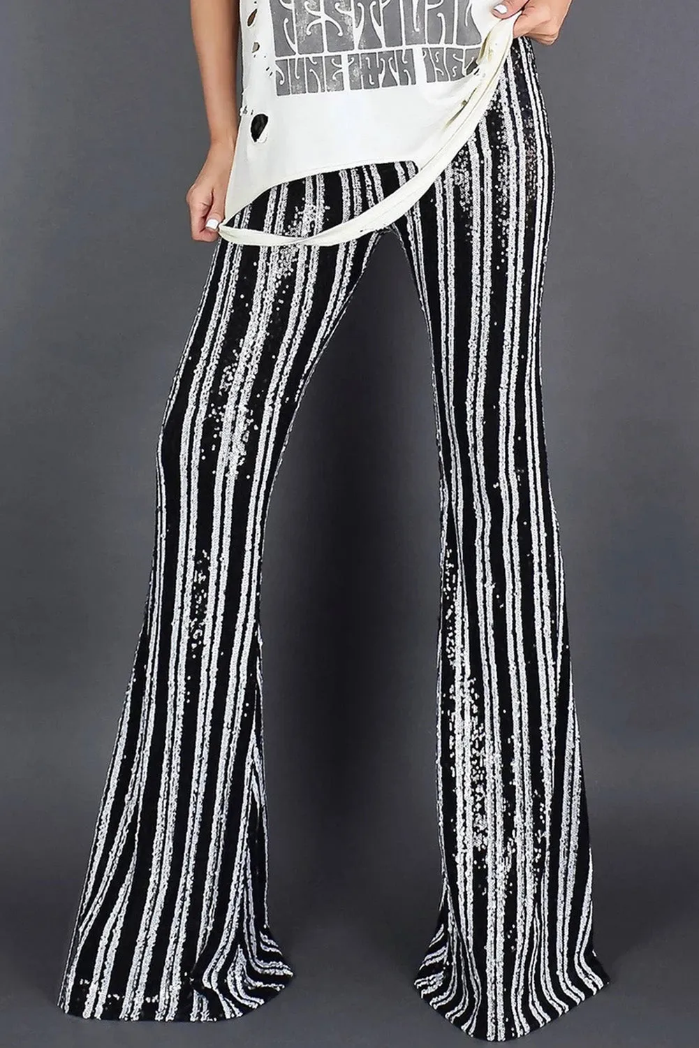 Women's Sequin Stripe High Waist Flare Pants