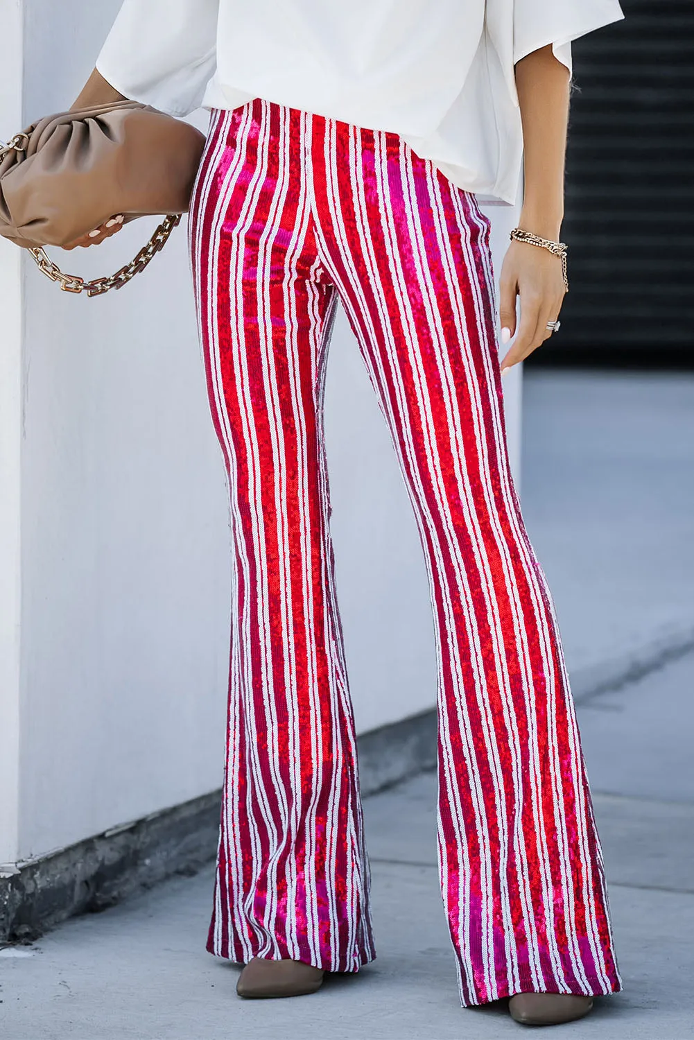 Women's Sequin Stripe High Waist Flare Pants