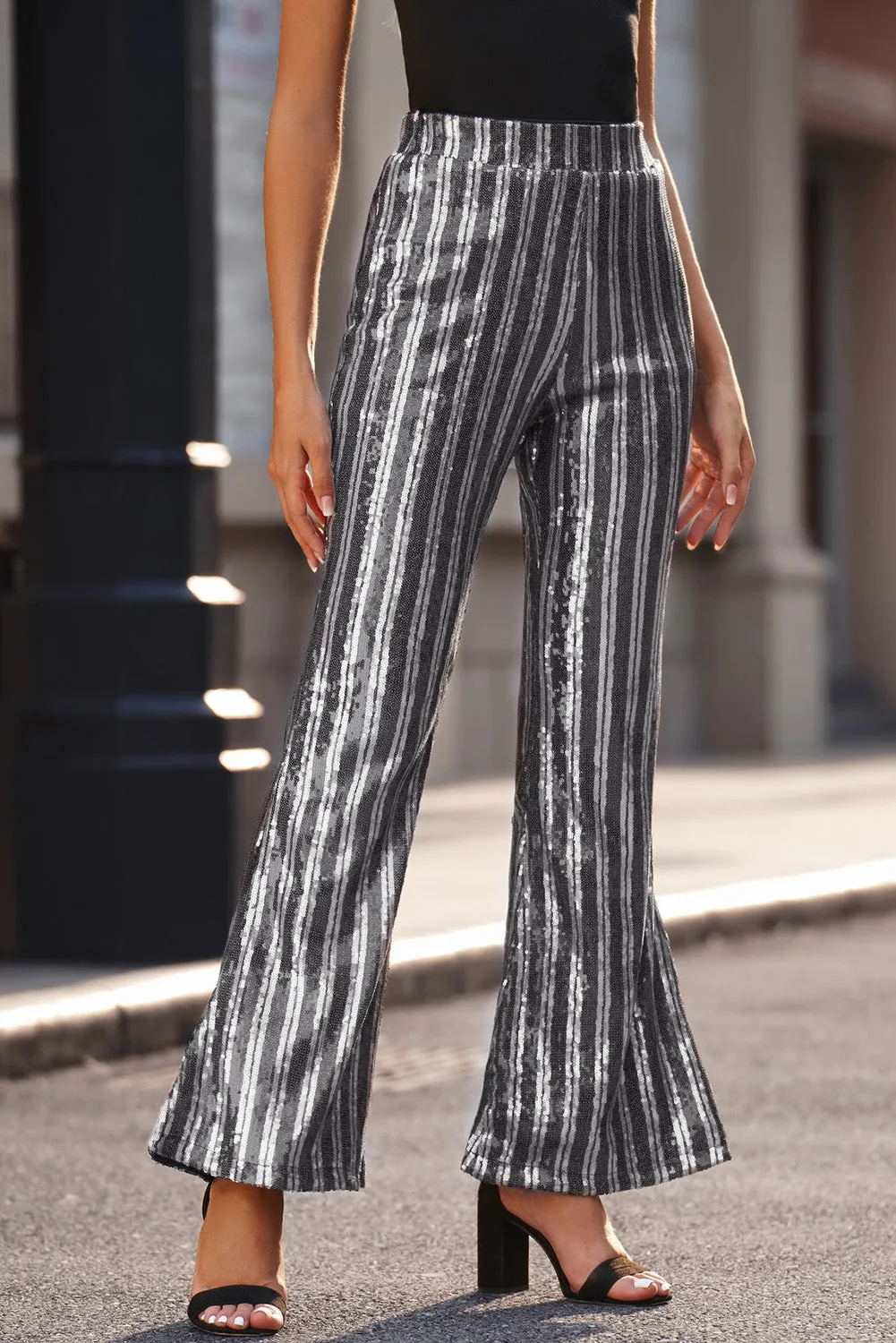 Women's Sequin Stripe High Waist Flare Pants