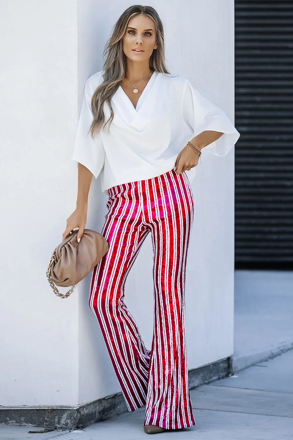 Women's Sequin Stripe High Waist Flare Pants