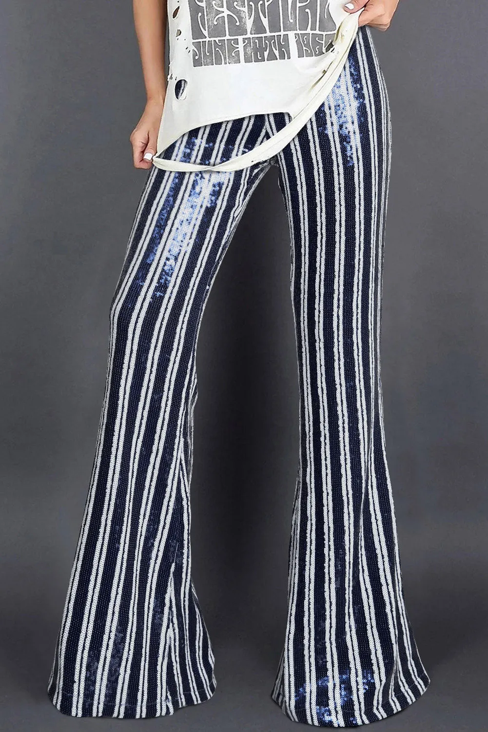 Women's Sequin Stripe High Waist Flare Pants