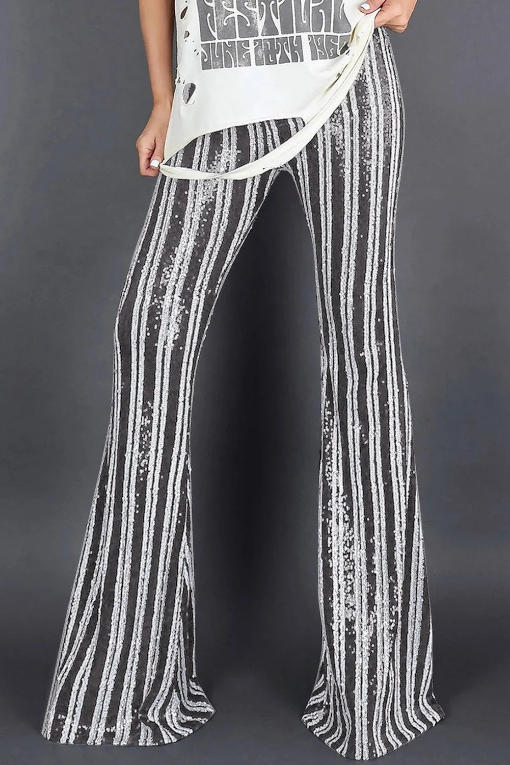 Women's Sequin Stripe High Waist Flare Pants